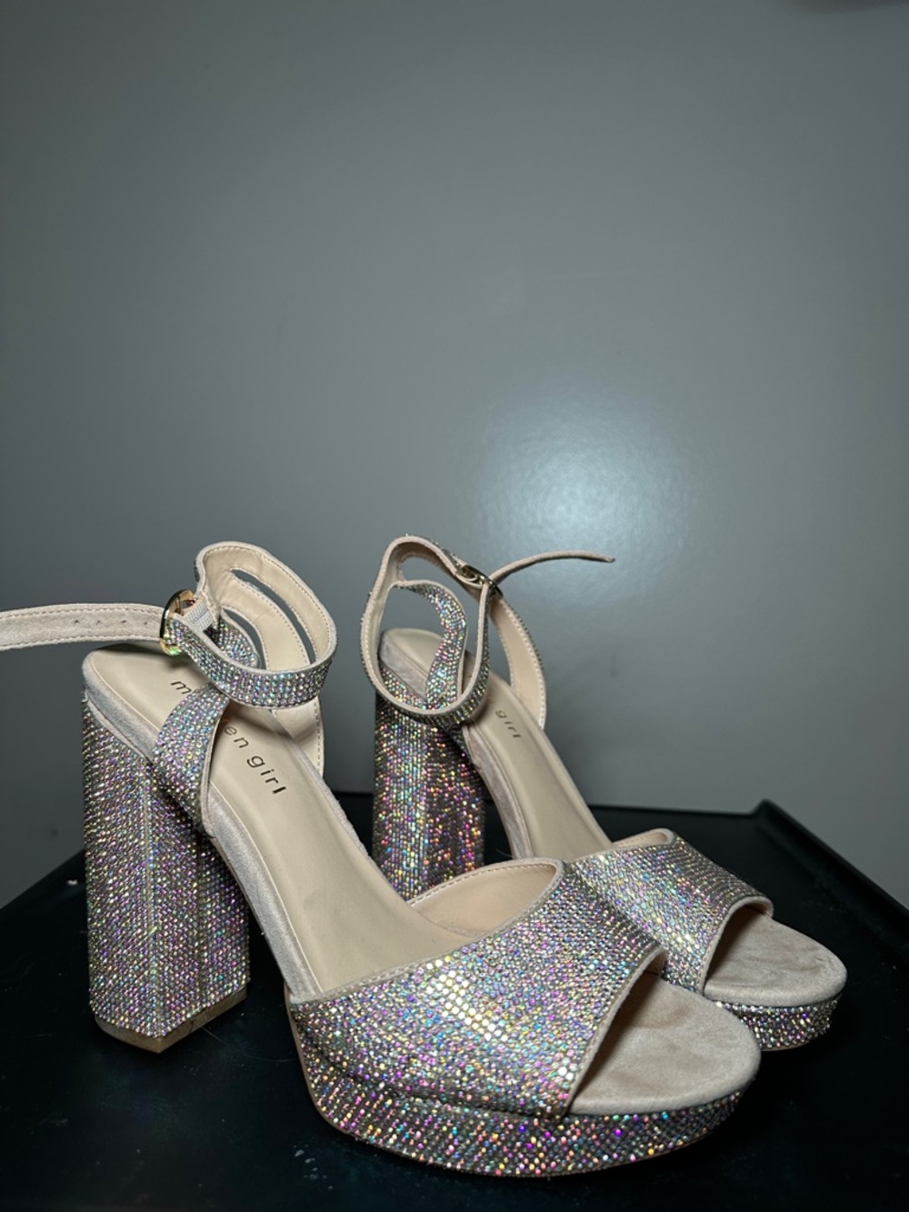 Madden Girl Iridescent Rhinestone Platform Heels - Nude